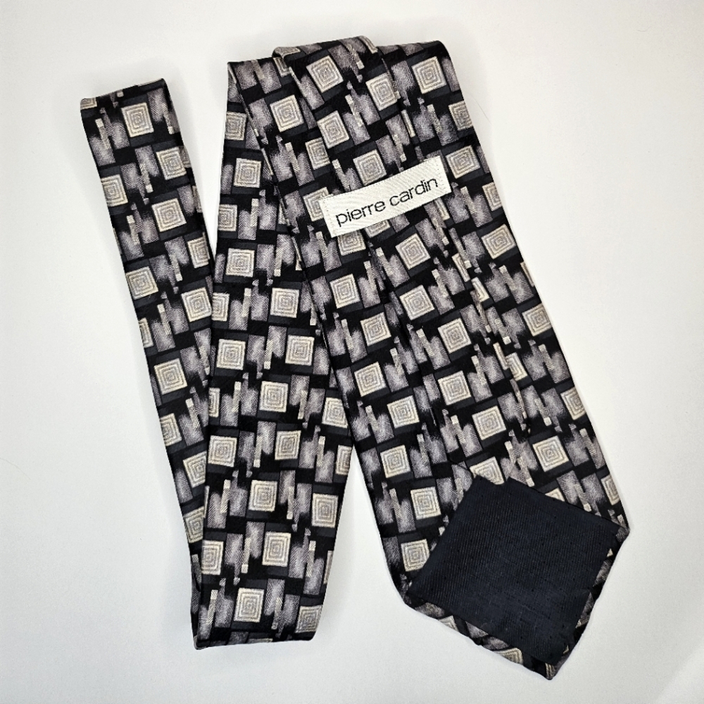 Pierre Cardin Vintage 90s Black and Gray Square Geometric Silk Tie